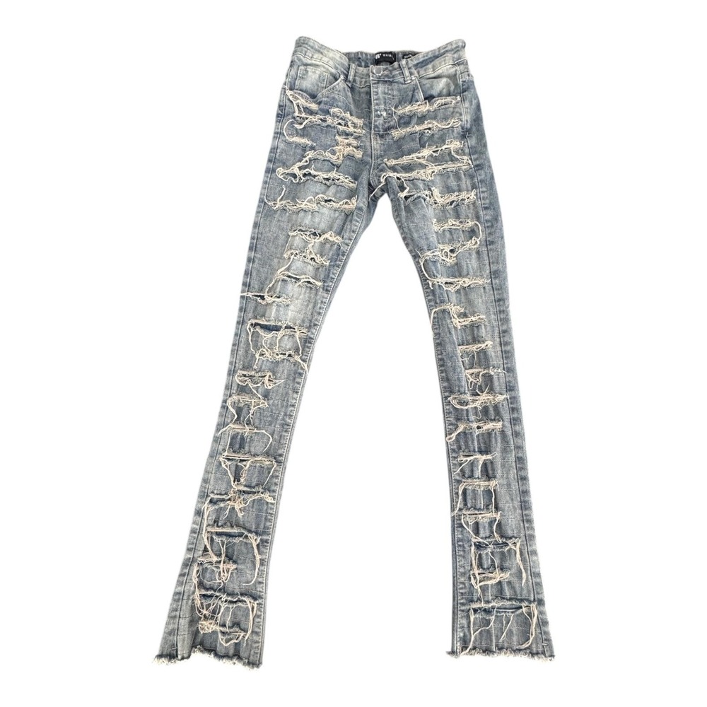 Waimea Jeans Boys 18 Blue Distressed Stacked Fit Ripped Raw Hem Denim Pants